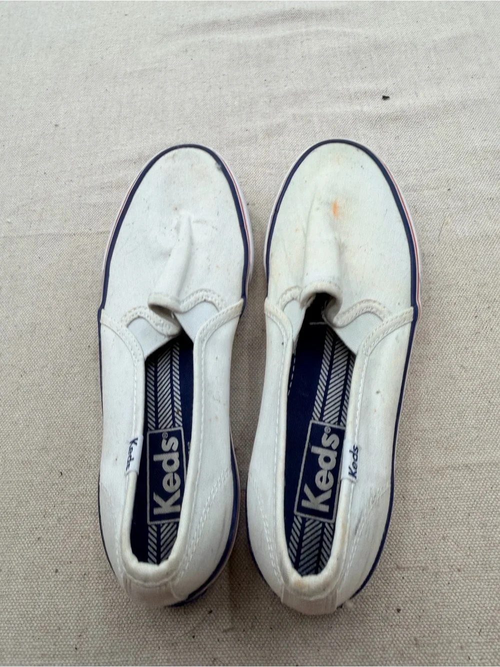 Keds White Canvas Slip-On Loafers with Red & Blue Trim